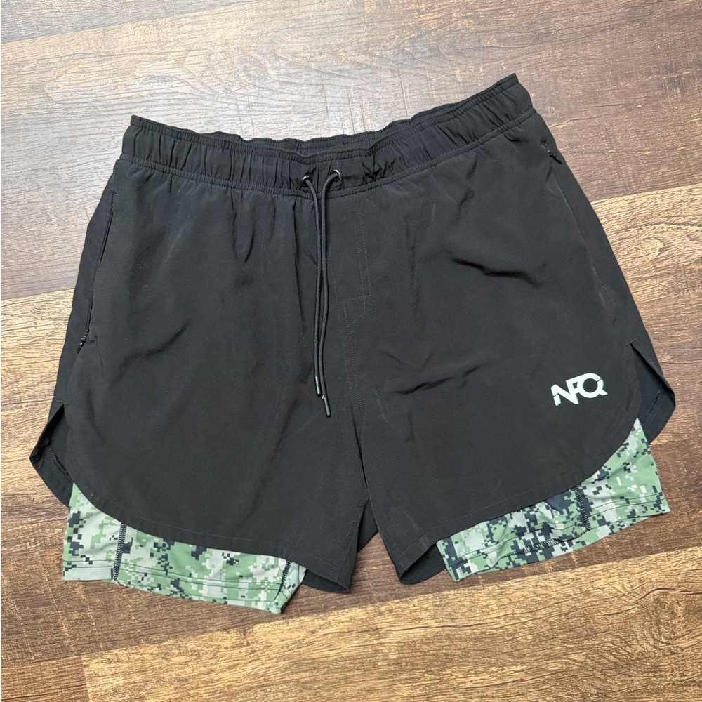 NFQ Men’s Black Layered Training Shorts with Green Camo Liner